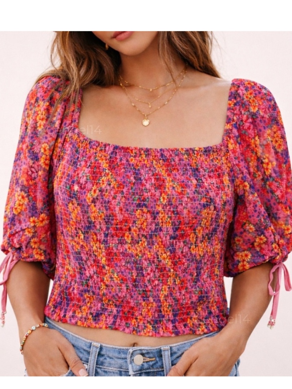 Free People Floral Smocked Square-Neck Crop Top Boho Pink Multi Back on Top
